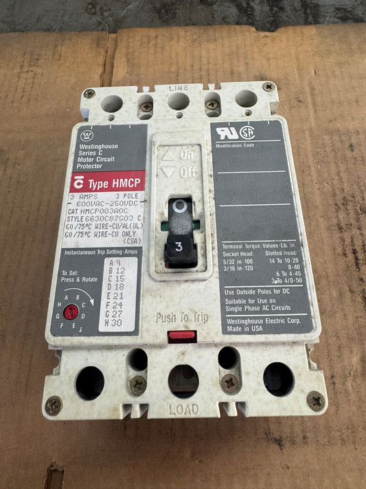 Westinghouse HMCP003A0C Motor Circuit Protector 600 VAC / 250 VDC Untested Surplus 1757