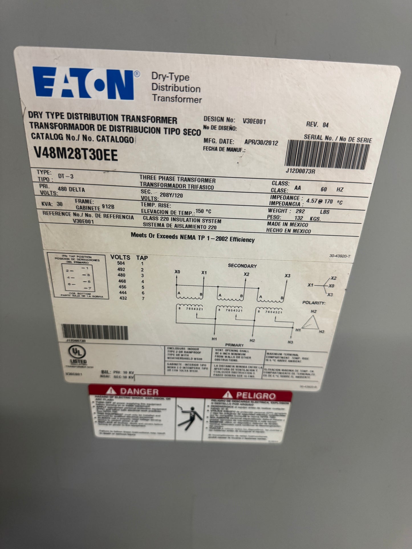 Eaton V48M28T30EE Dry Type Distribution Transformer Untested Surplus