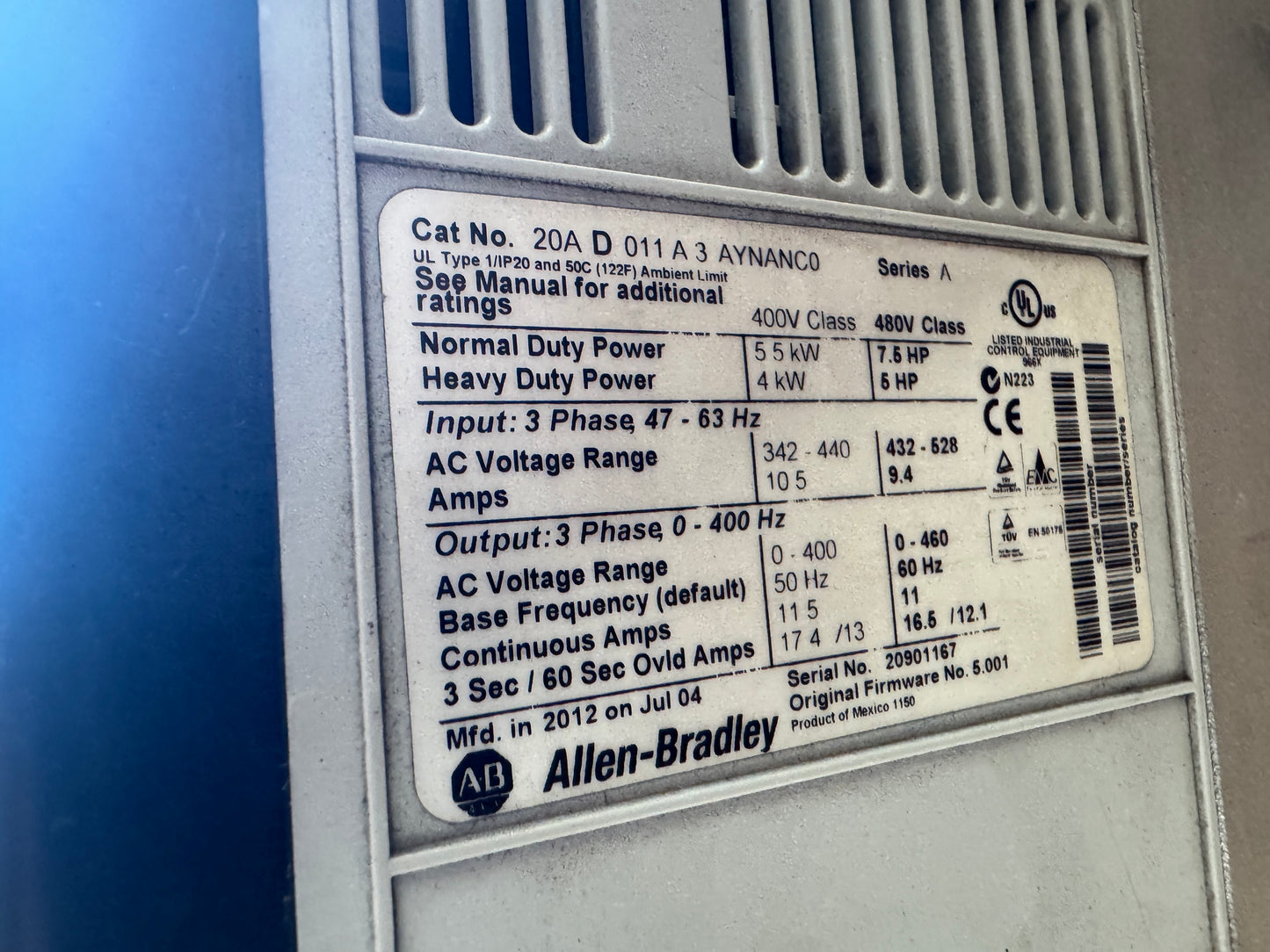 Allen-Bradley 20AD011A3AYNANC0 Variable Frequency Drive 480V AC 3-Phase Untested Surplus 01458