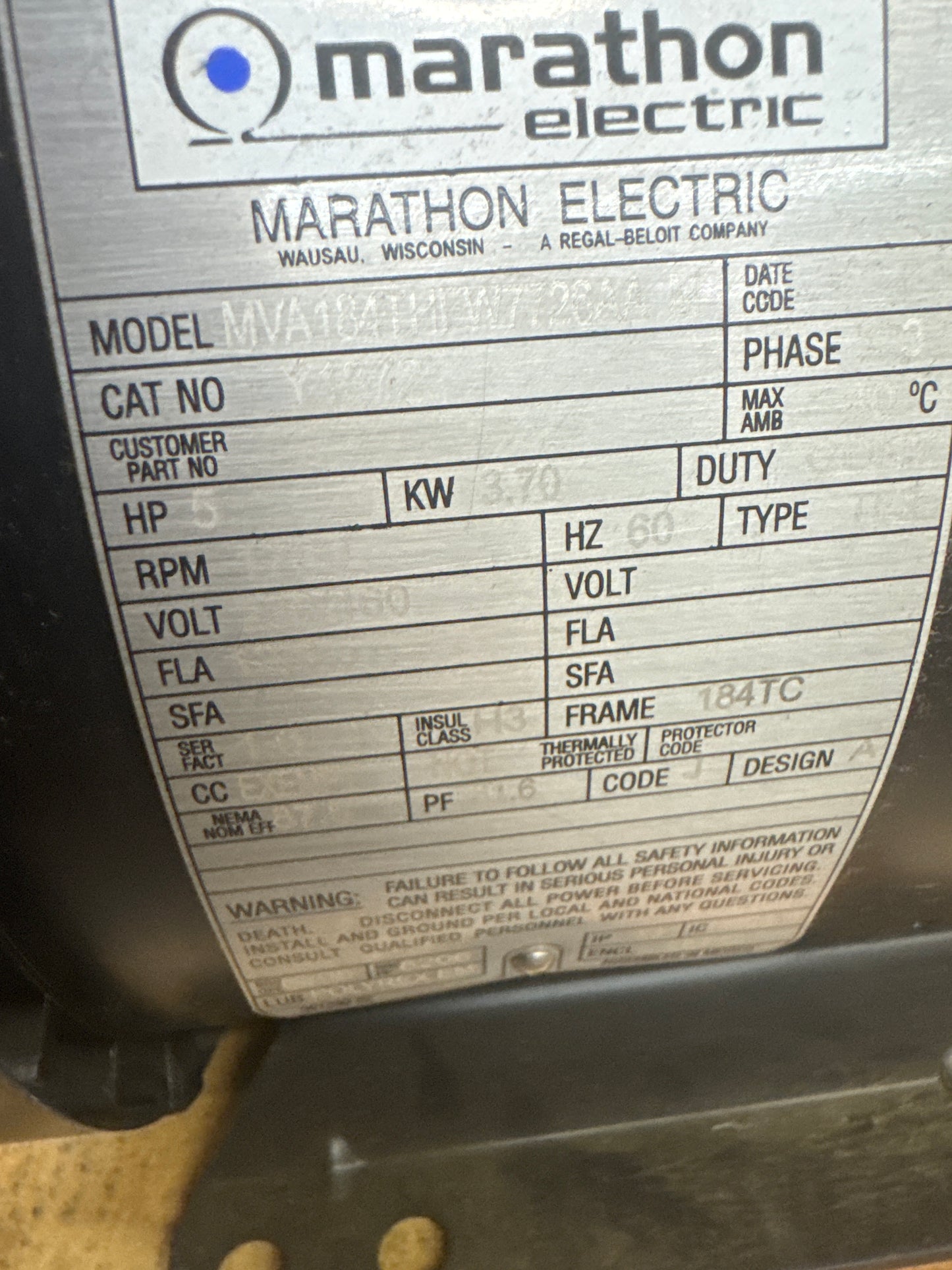 Marathon Electric Inverter Duty AC Motor Y1372 / 184THFW7726 - 5 HP 1800 RPM
