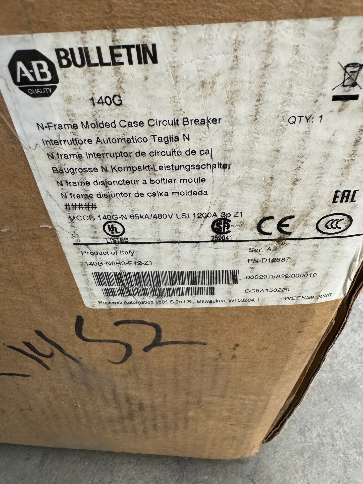 Allen-Bradley Molded Case Circuit Breaker 140G-N6H3-E12-Z1 600V AC