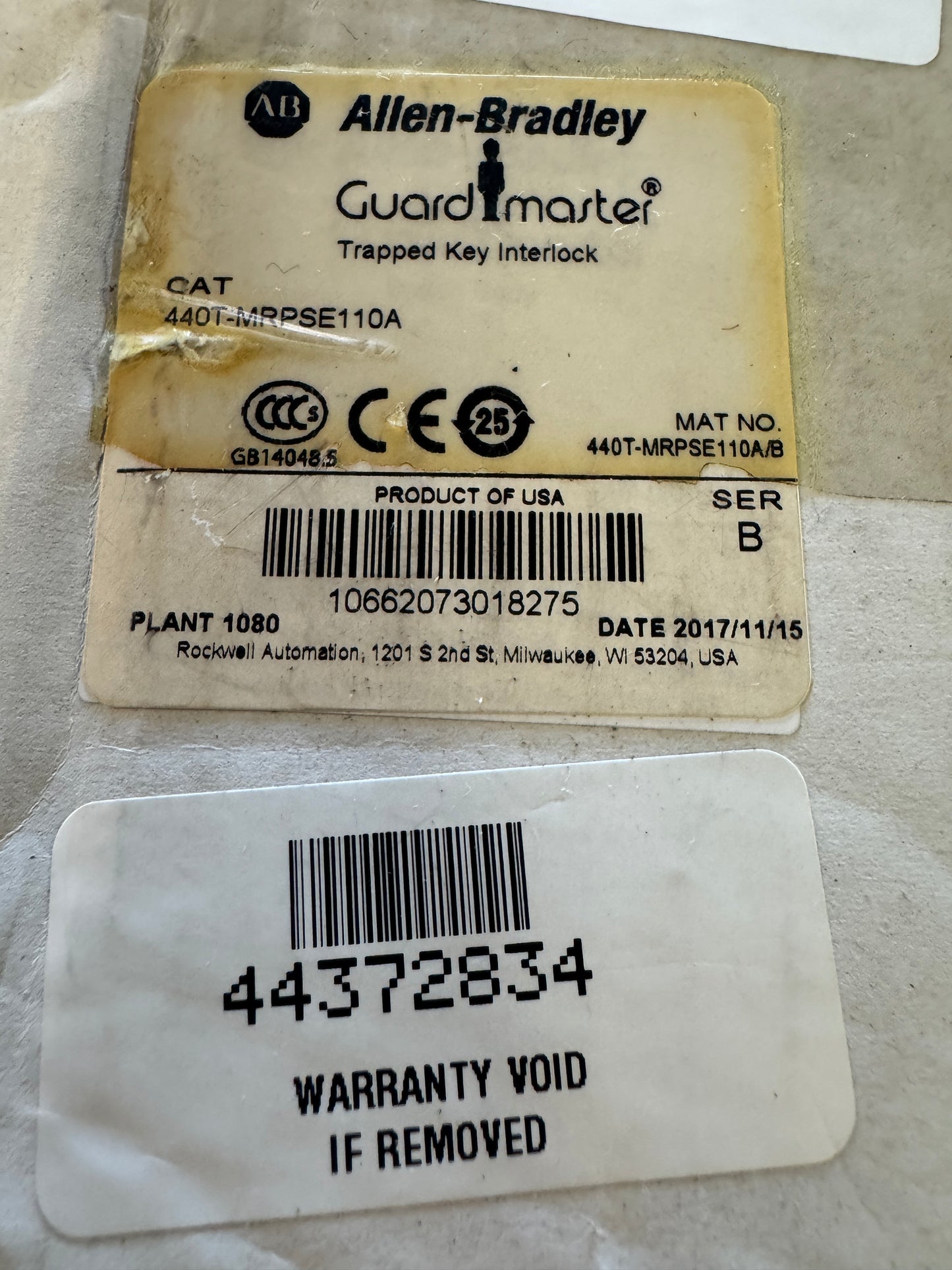 Allen-Bradley 440T-MRPSE110A Trapped Key Interlock 110V AC