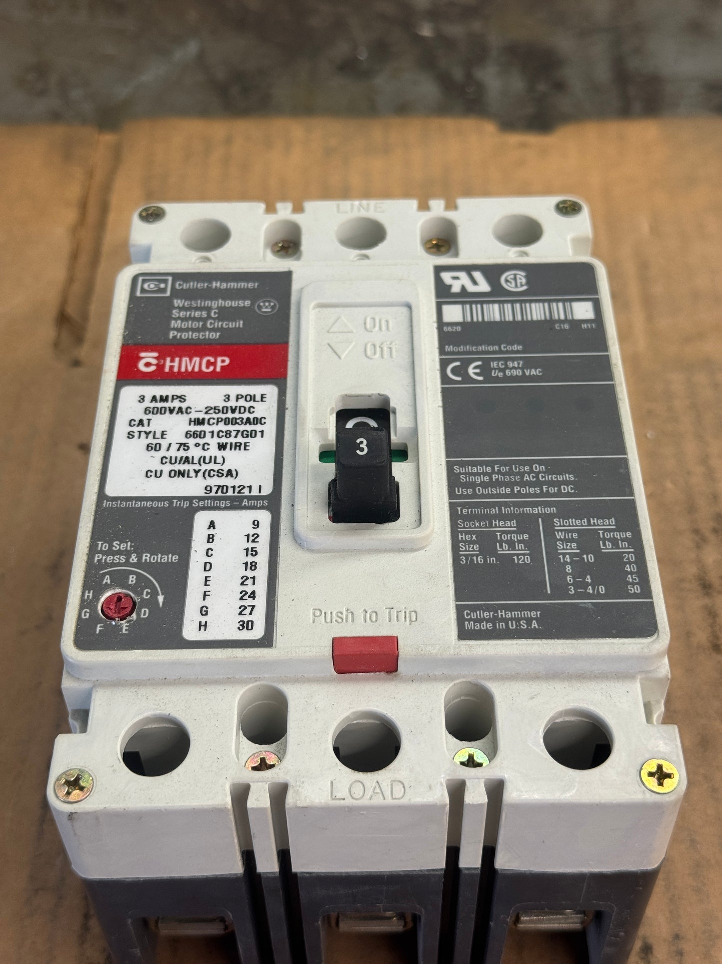Cutler-Hammer HMCP003A0C Motor Circuit Protector 600 VAC / 250 VDC Untested Surplus 1759