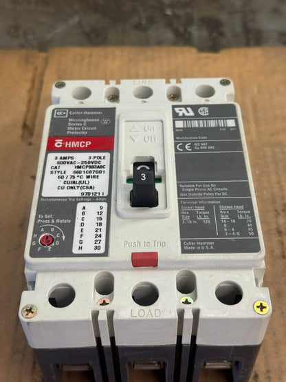 Cutler-Hammer HMCP003A0C Motor Circuit Protector 600 VAC / 250 VDC Untested Surplus 1759