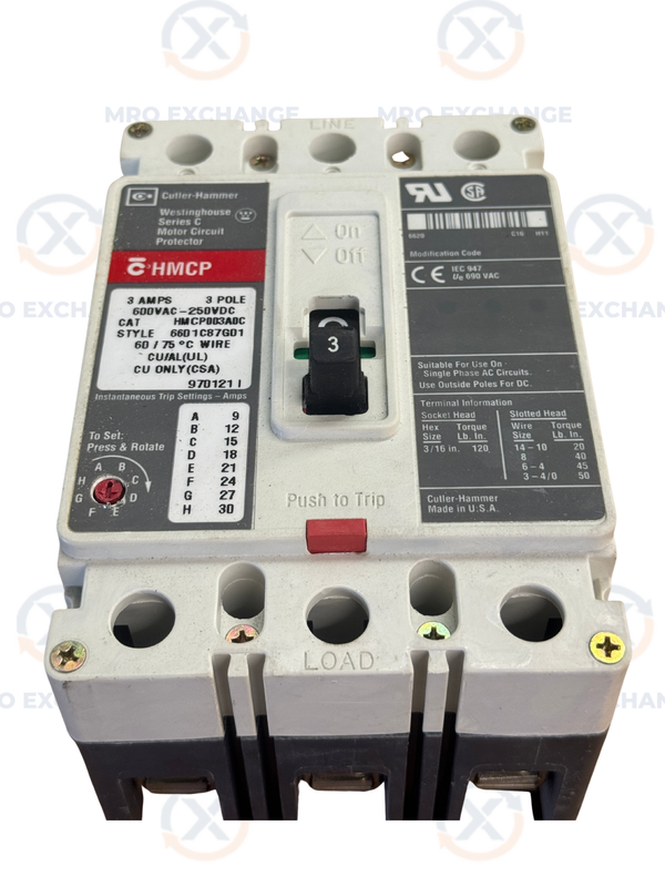 Cutler-Hammer HMCP003A0C Motor Circuit Protector 600V AC / 250V DC