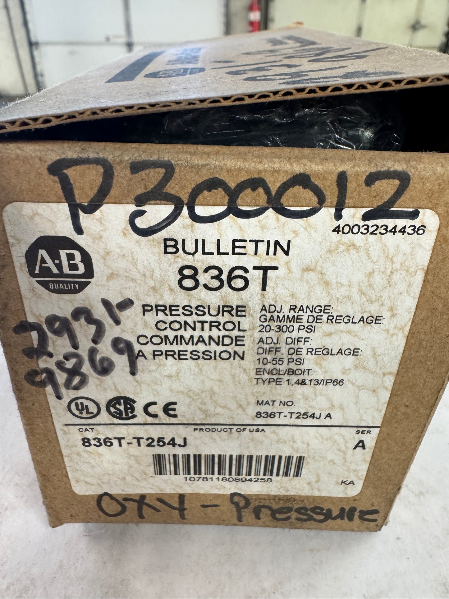 Allen-Bradley Pressure Control Switch 836T-T254J 20 to 300 PSI Adjustable Range