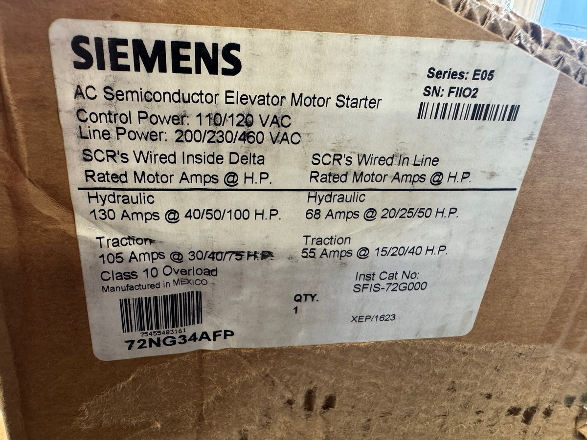 Siemens 72NG34AFA AC Semiconductor Elevator Motor Starter 200/230/460V Open Box Unused