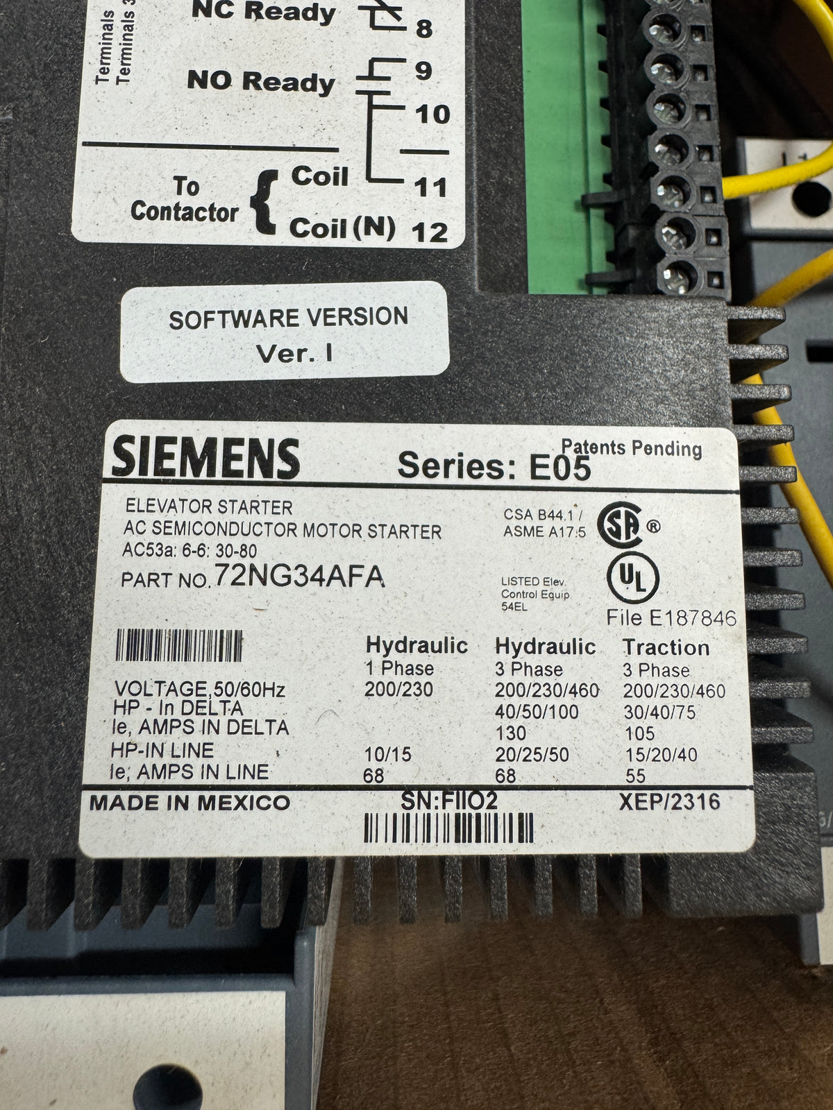 Siemens 72NG34AFA AC Semiconductor Elevator Motor Starter 200/230/460V Open Box Unused