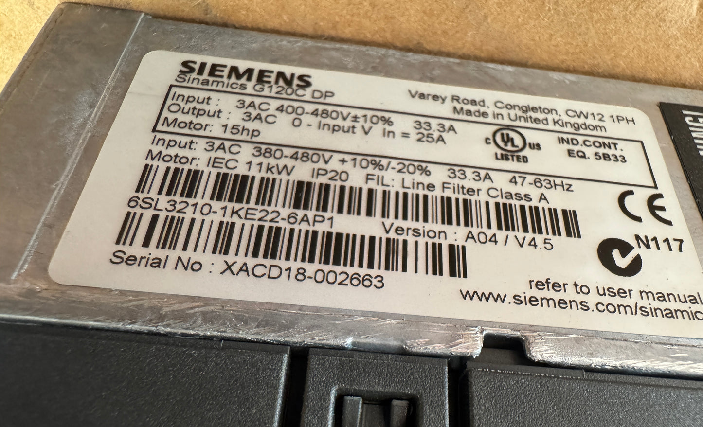 Siemens 6SL3210-1KE22-6AP1 Variable Frequency Drive 380-480V 3AC Untested Surplus