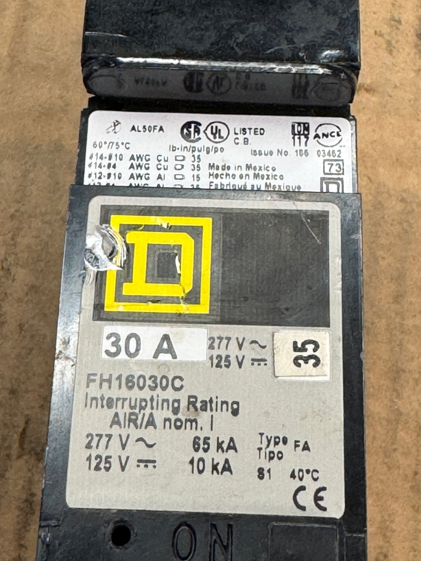 Square D FH16030C Circuit Breaker 277V AC, 125V DC Open Box Unused