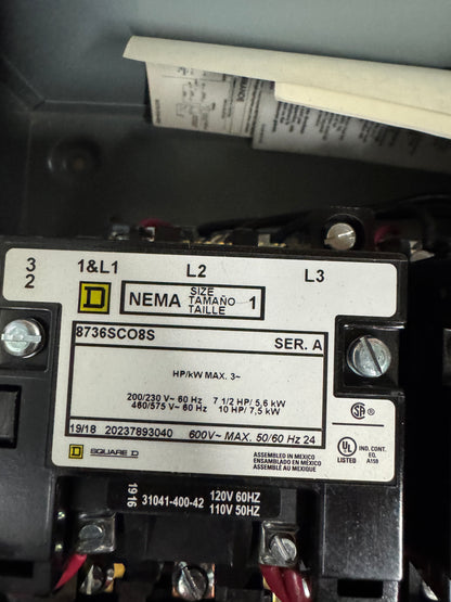 Square D NEMA Size 1 Reversing Magnetic Starter 8736SCG8V02S