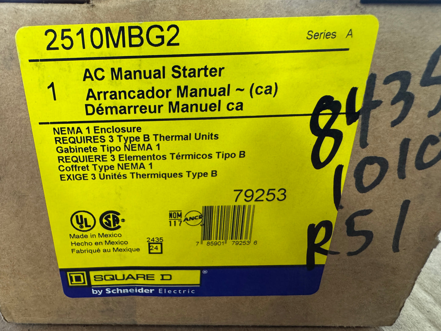 Square D AC Manual Motor Starter 2510MBG2 600V AC