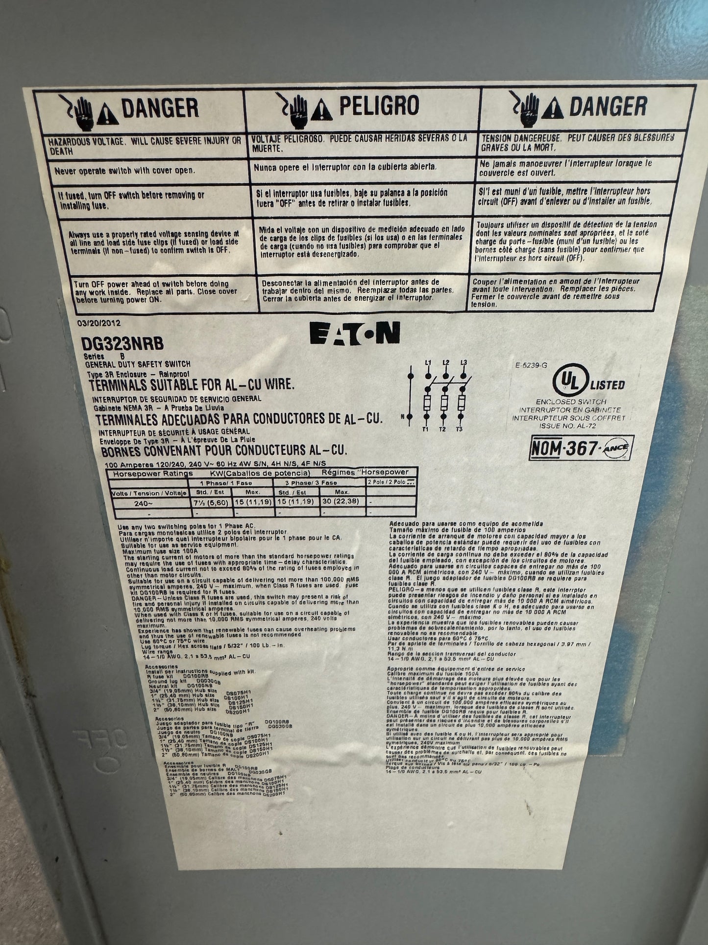 Eaton V48M28T30EE Dry Type Distribution Transformer Untested Surplus