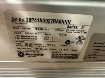 Allen-Bradley 20P41AD027RA0NNN DC Drive 460V AC Input 01580