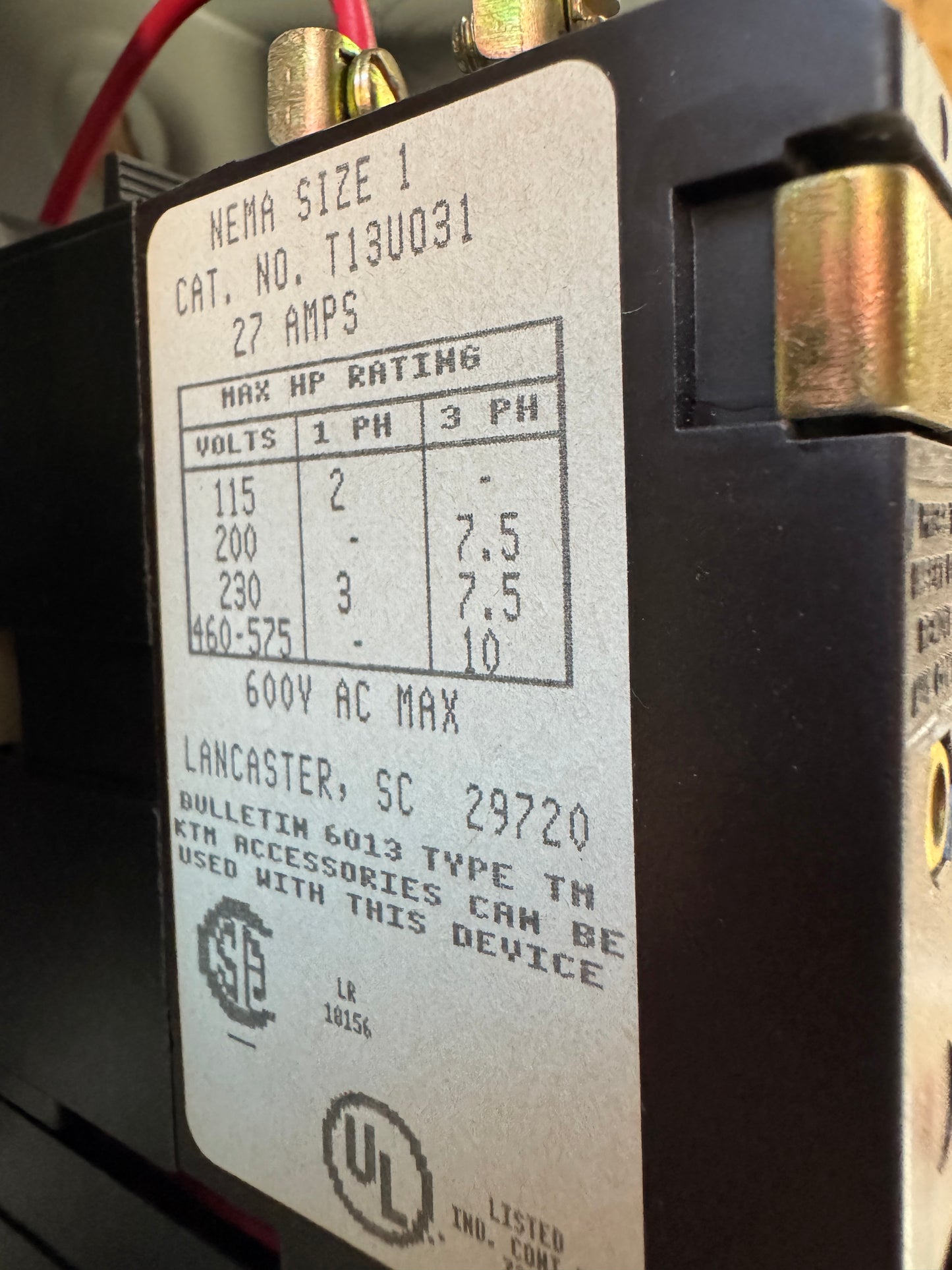 Joslyn Clark NEMA Size 1 Motor Starter T13U031 600 VAC