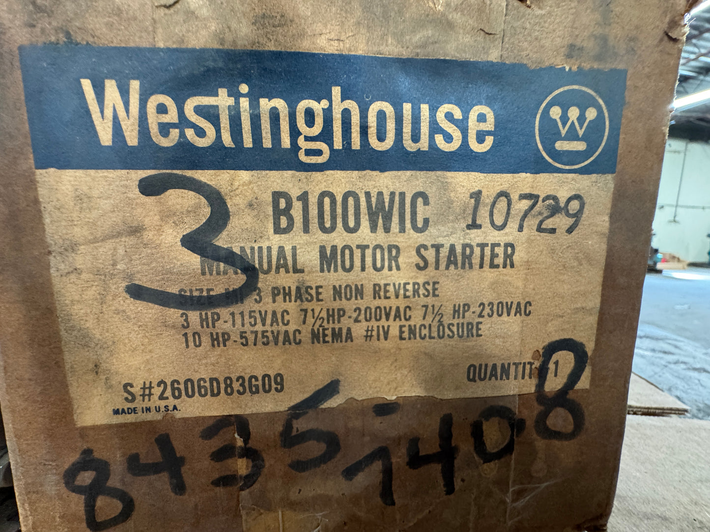 Westinghouse Manual Motor Starter B100WIC 600 VAC