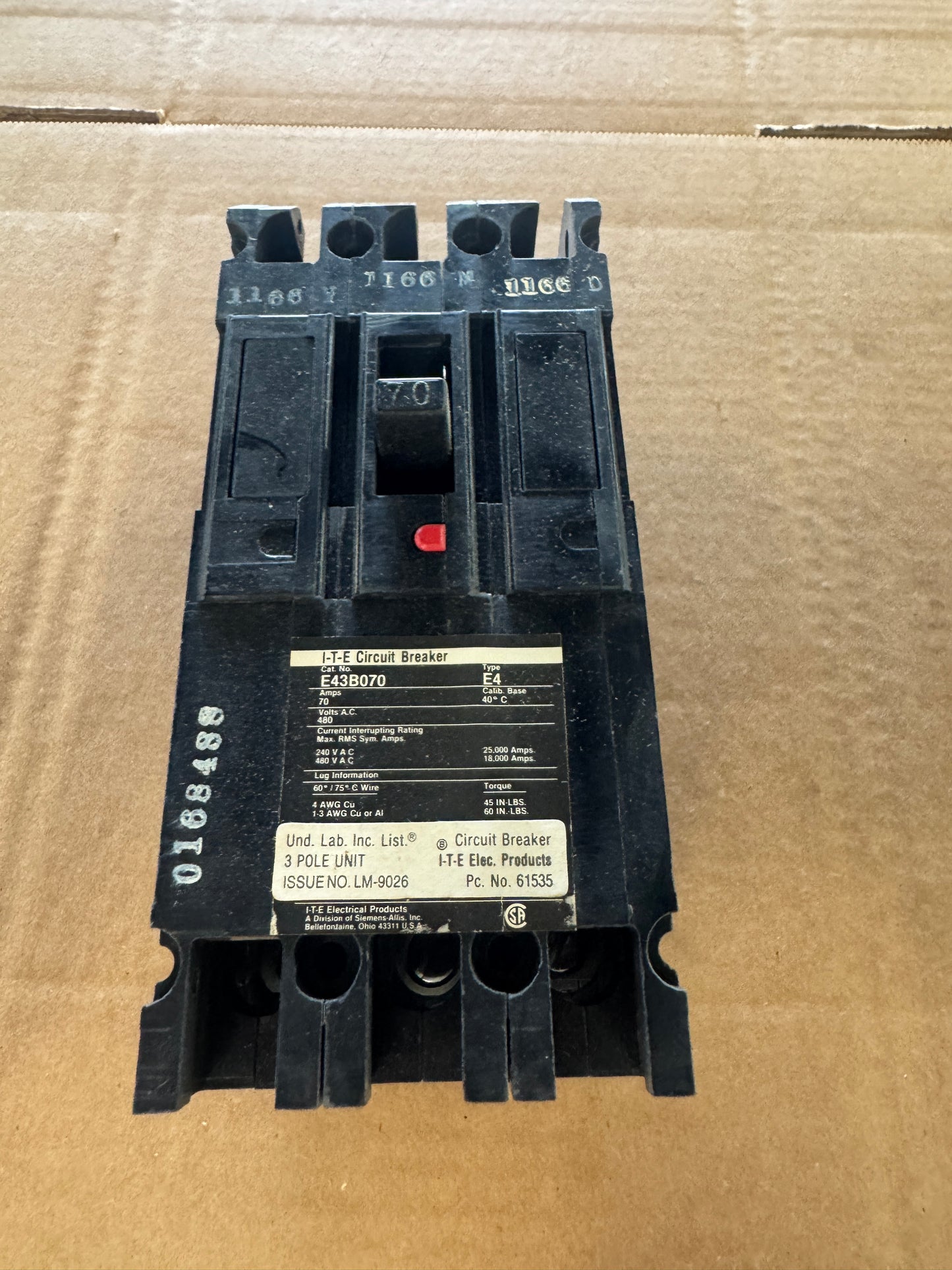 ITE E43B070 Circuit Breaker 480V AC Untested Surplus