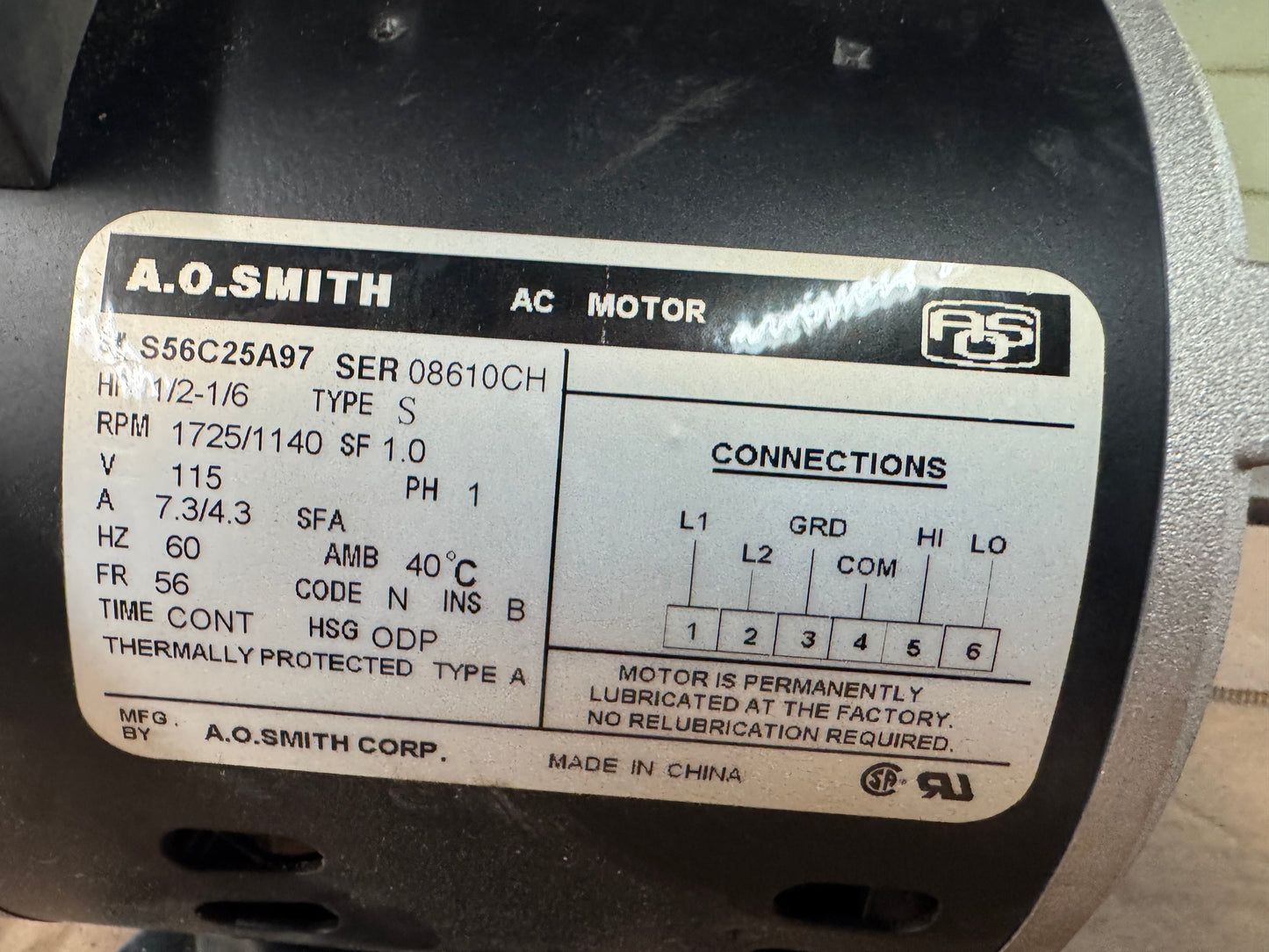 A.O. Smith AC Motor S56C25A97 - 1 HP 1800 RPM