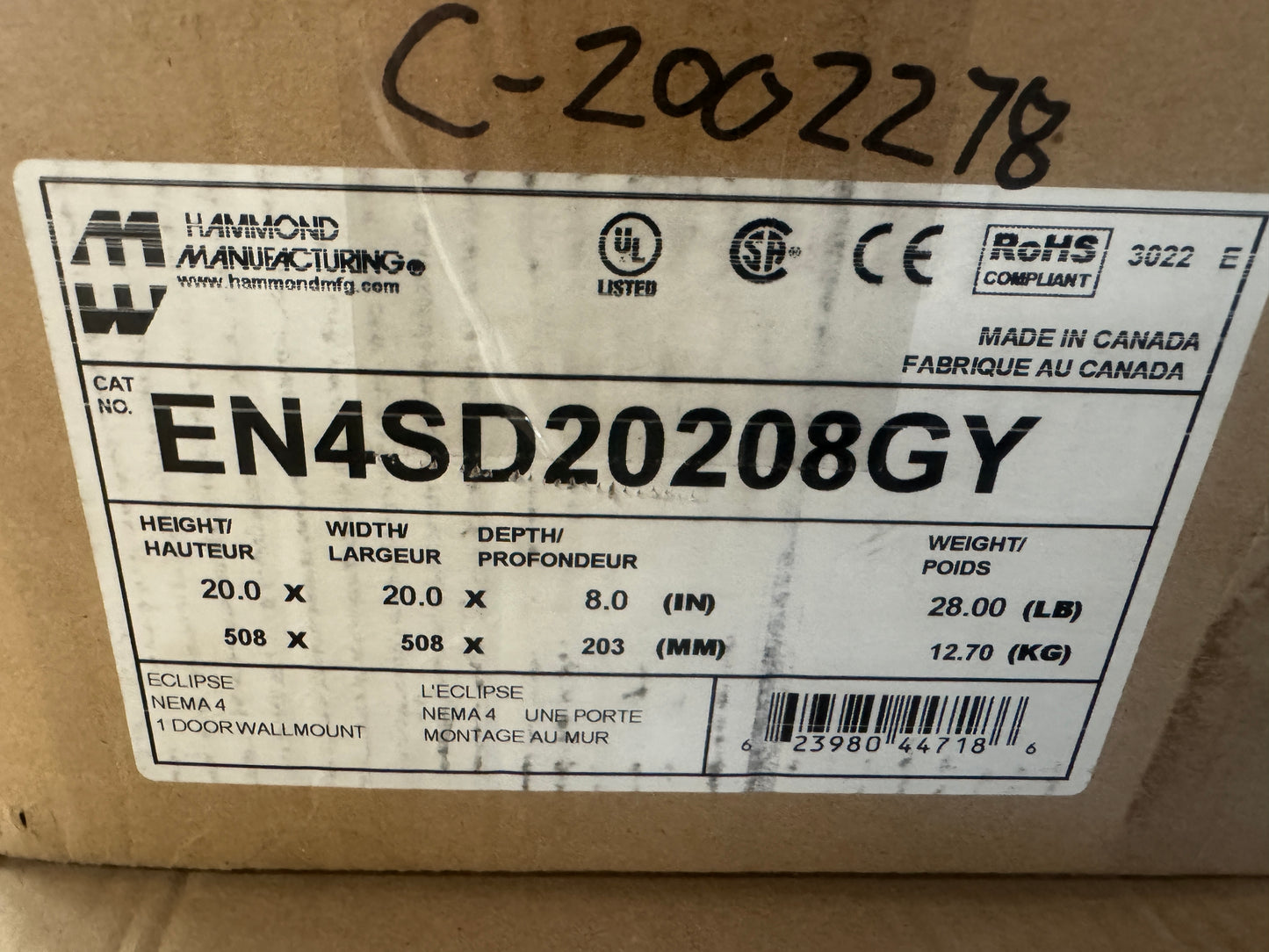 Hammond Manufacturing Wall Mount Enclosure EN4SD20208GY