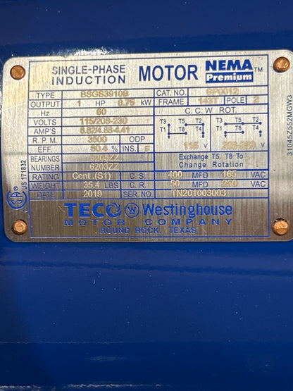 TECO Westinghouse Single Phase Motor BSGS3910B - 1 HP