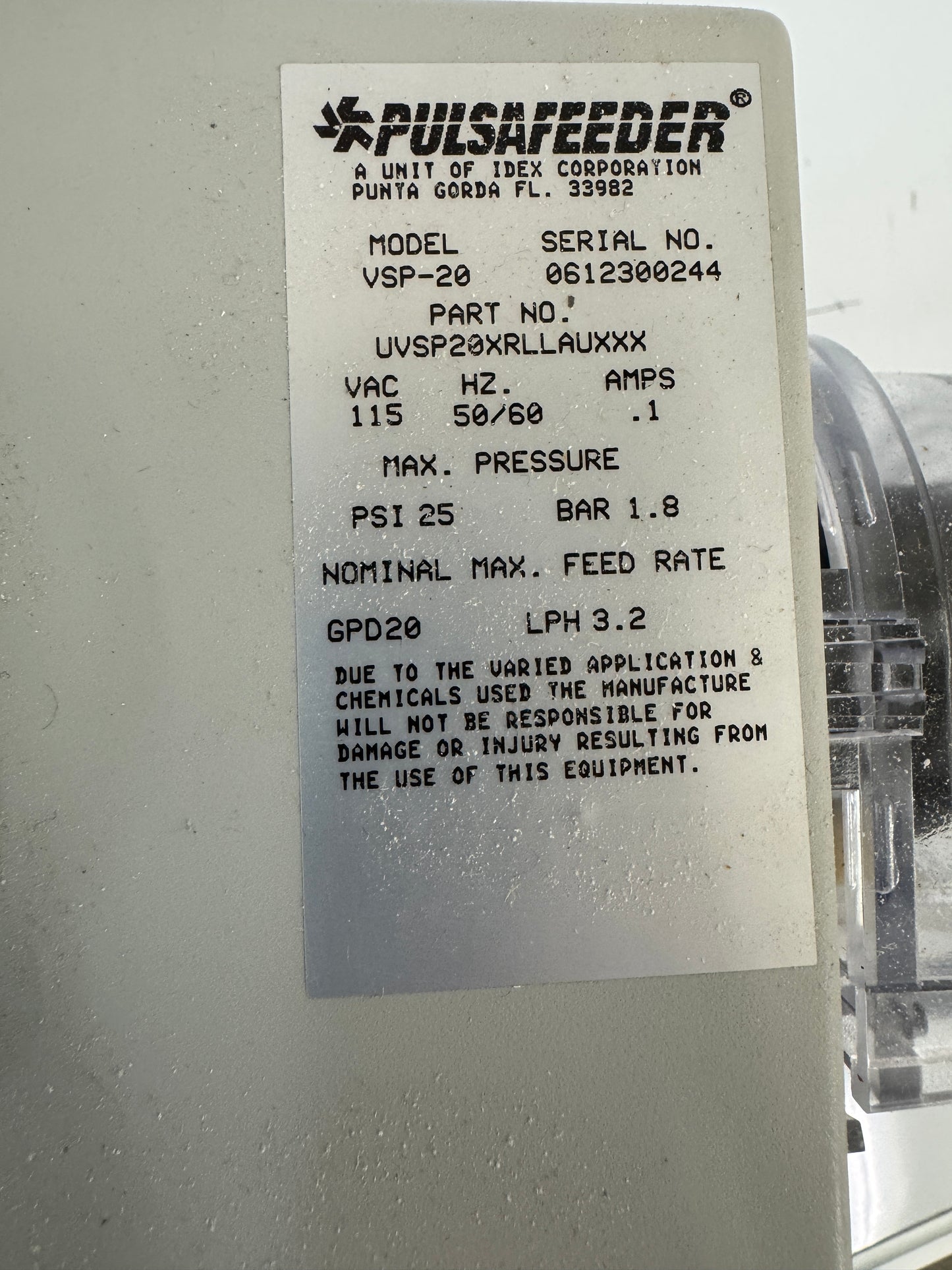 Pulsafeeder Peristaltic Metering Pump VSP-20 / UVSP20XRLLAUXXX 1/4 In. ID x 7/16 In. OD Tubing 25 PSI Max