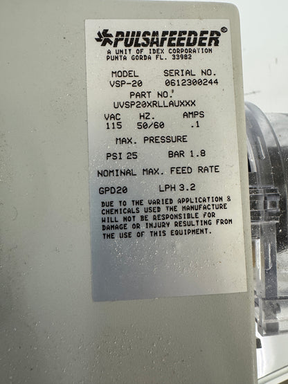 Pulsafeeder Peristaltic Metering Pump VSP-20 / UVSP20XRLLAUXXX 1/4 In. ID x 7/16 In. OD Tubing 25 PSI Max