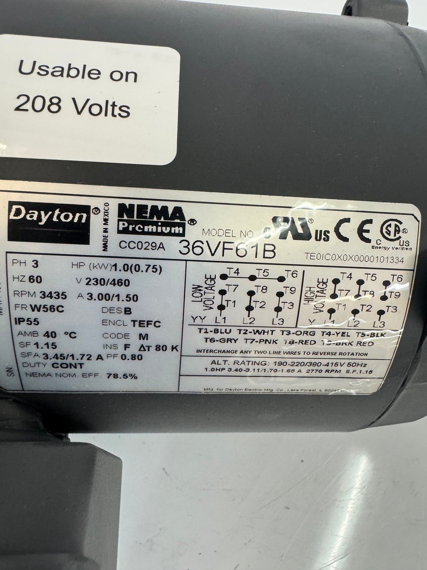 Dayton 36VF61B AC Motor 1 HP 3450 RPM
