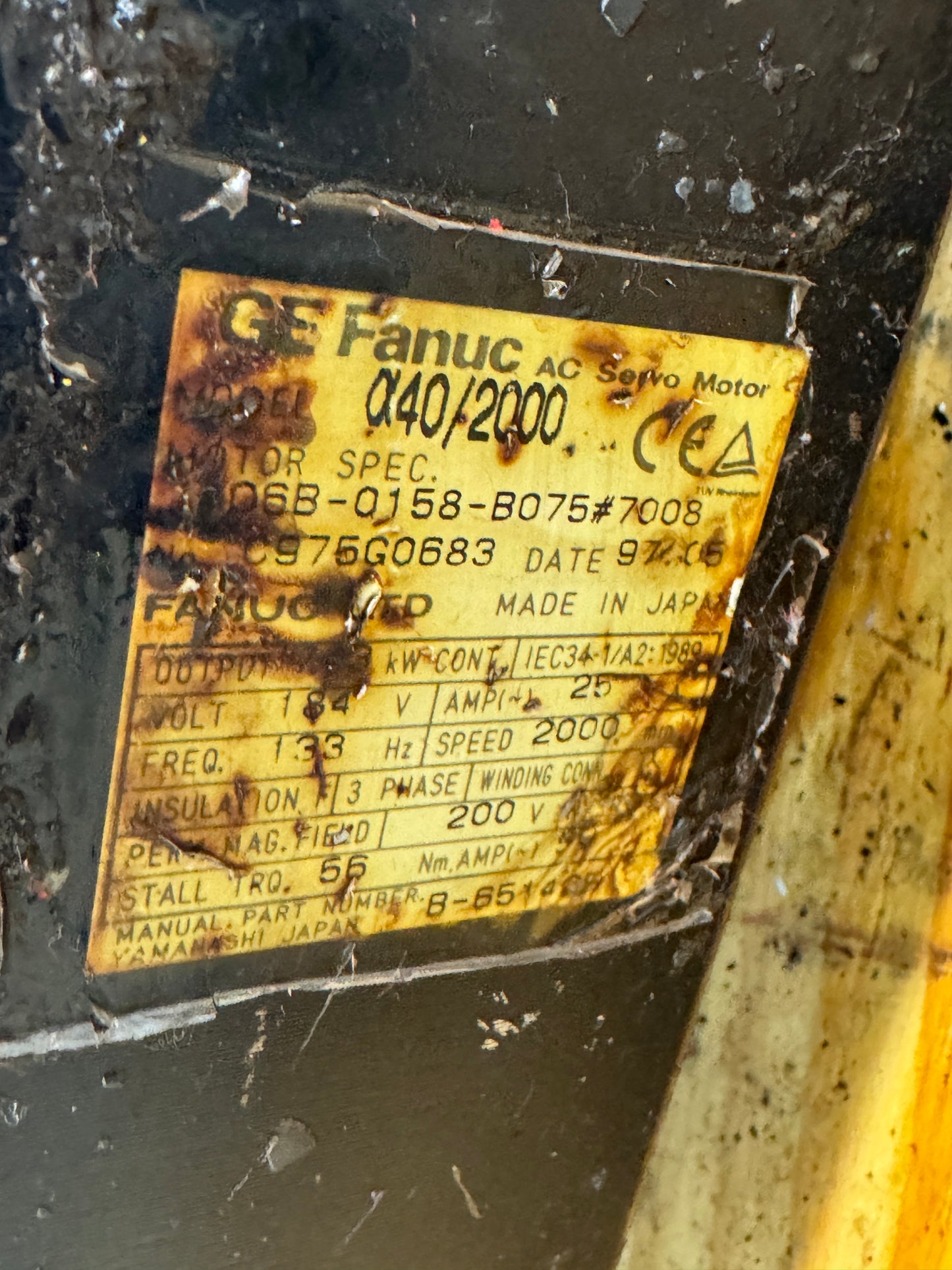 GE Fanuc A06B-0158-B075#7008 AC Servo Motor 10 HP 2000 RPM