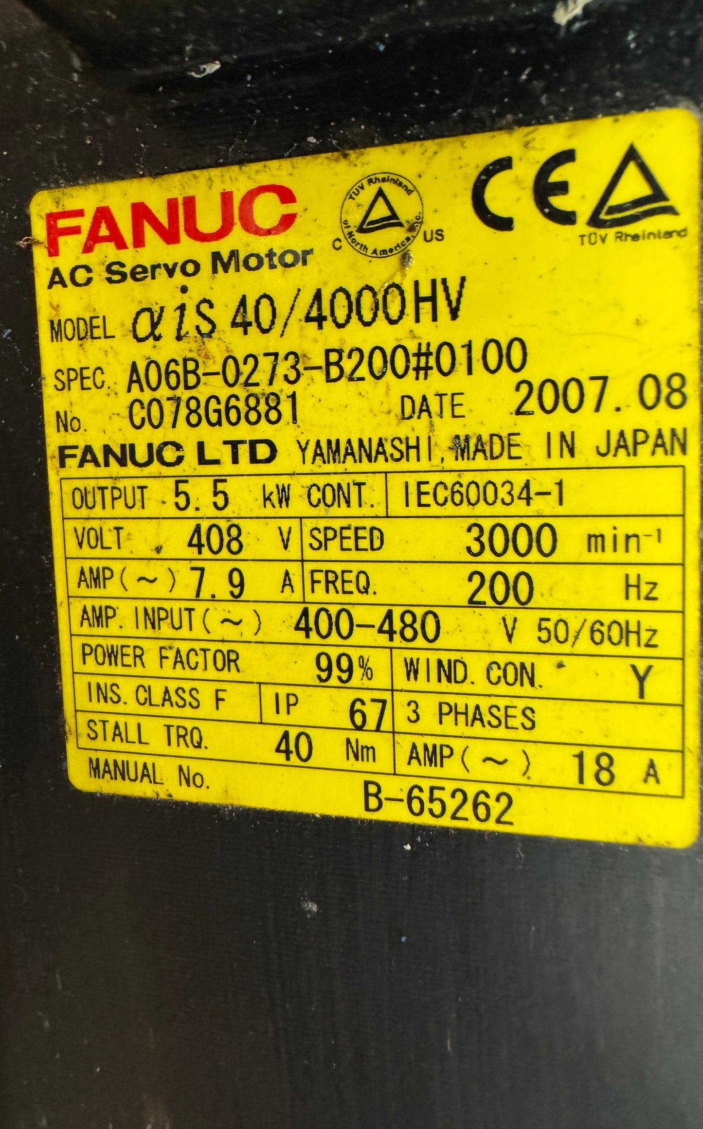 FANUC AC Servo Motor A06B-0273-B200 - 5 kW 3000 RPM