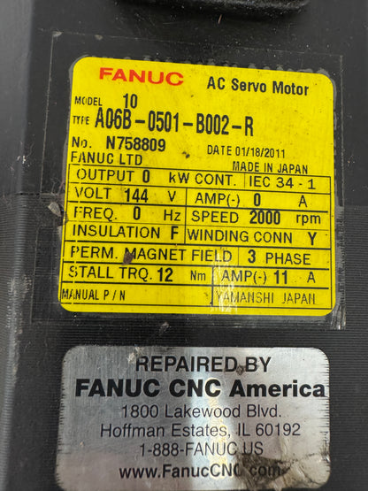 FANUC Servo Motor A06B-0501-B002-R - 3 HP 2000 RPM