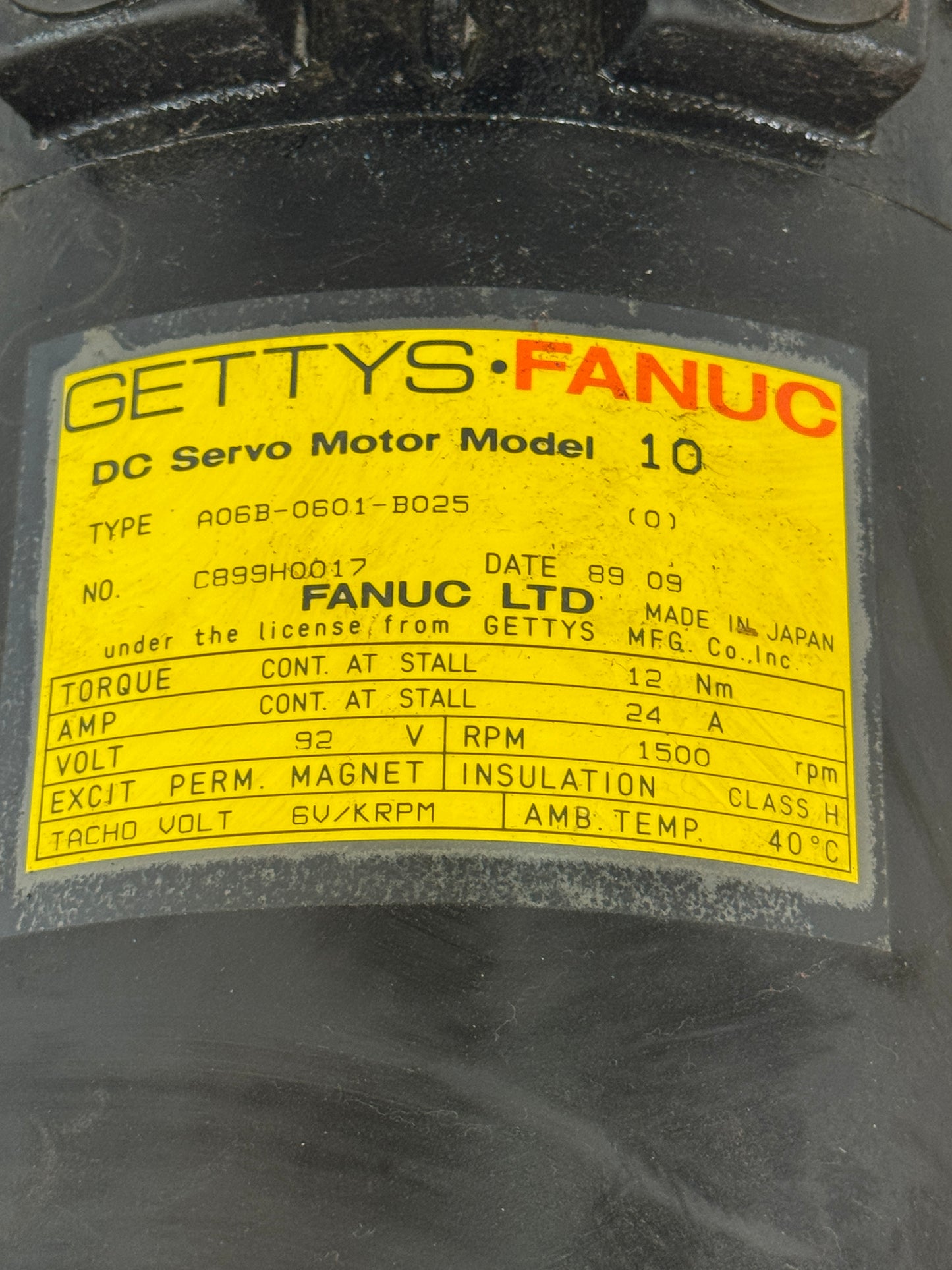 Gettys Fanuc DC Servo Motor A06B-0601-B025 - 2 kW 1500 RPM