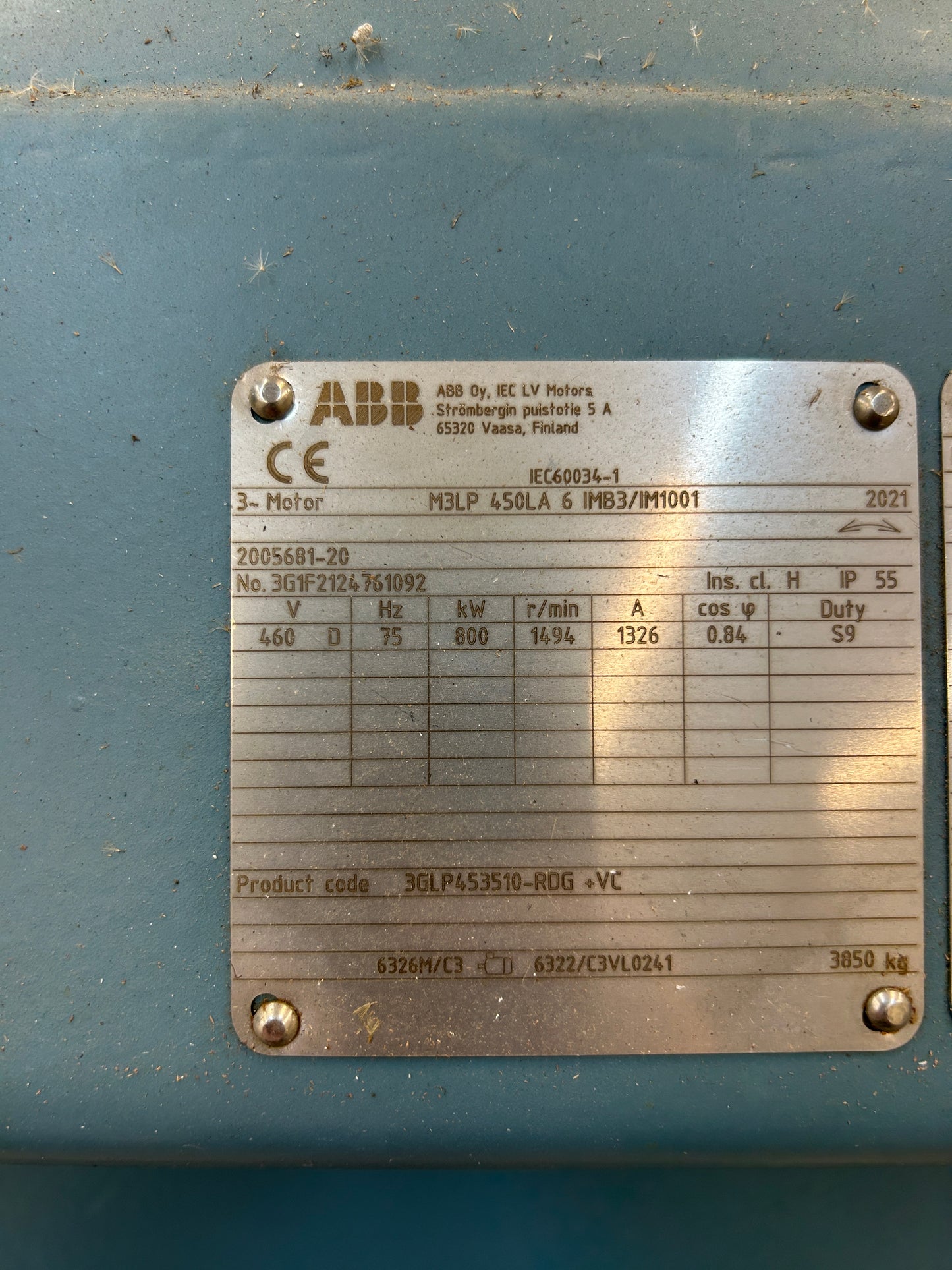 ABB 3GLP453510-RDG AC Motor 800 kW 460V 1494 RPM Horizontal Mounting (IMB3 / IM1001) Year 2021
