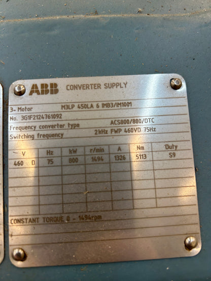 ABB 3GLP453510-RDG AC Motor 800 kW 460V 1494 RPM Horizontal Mounting (IMB3 / IM1001) Year 2021
