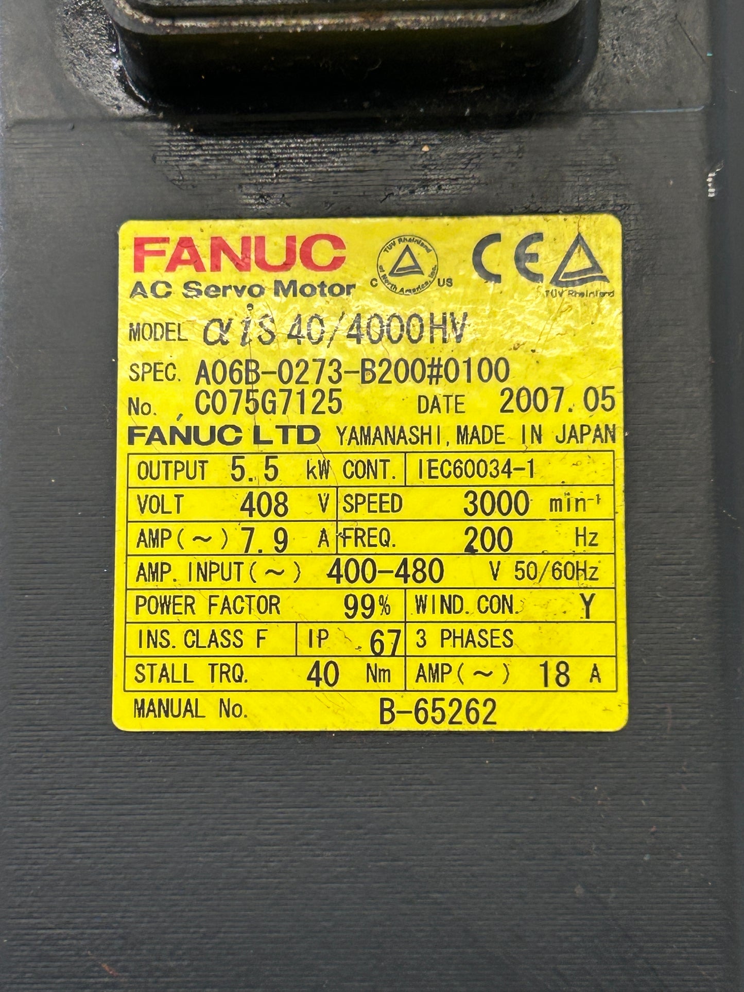 FANUC A06B-0273-B200#0100 Servo Motor 8 HP 3000 RPM