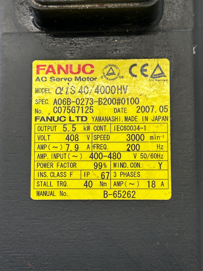 FANUC A06B-0273-B200#0100 Servo Motor 8 HP 3000 RPM