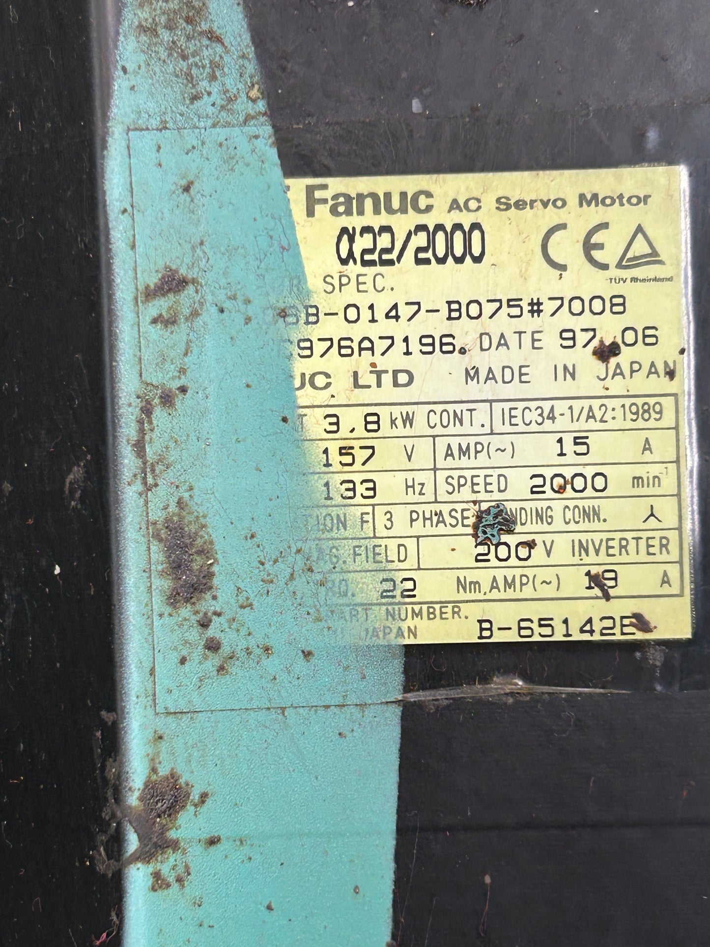 Fanuc A06B-0147-B075#7008 AC Servo Motor 5 HP 2000 RPM