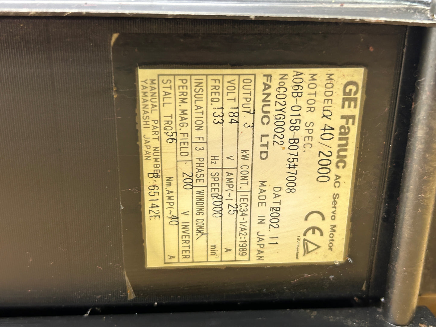 GE Fanuc A06B-0158-B075#7008 AC Servo Motor 5 HP 2000 RPM
