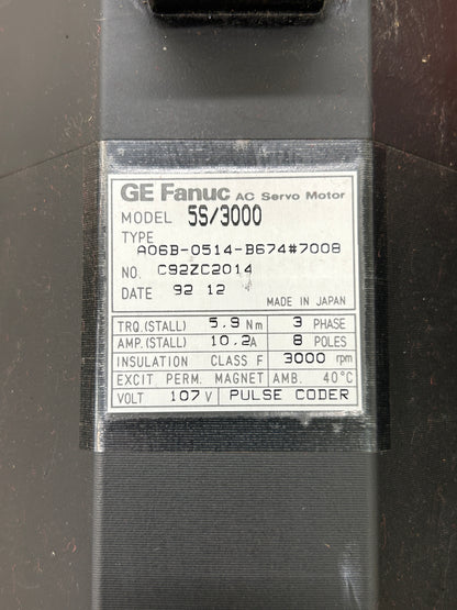 GE Fanuc A06B-0514-B674#7008 AC Servo Motor 2.5 HP 3000 RPM