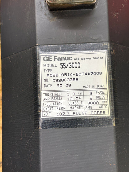 GE Fanuc A06B-0514-B574#7008 Model 5S/3000 AC Servo Motor 2.5 HP 3000 RPM