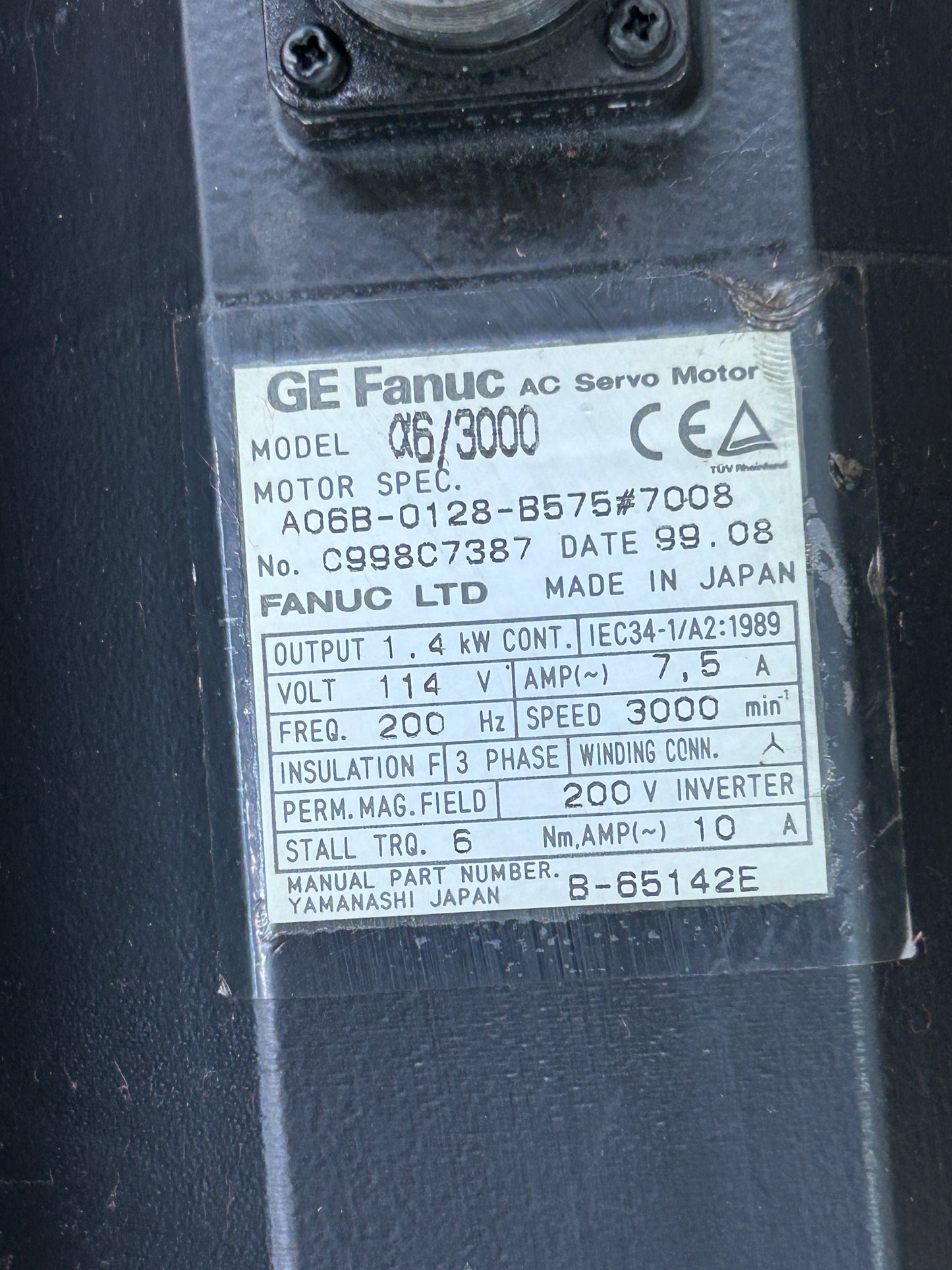 GE Fanuc A06B-0128-B575#7008 AC Servo Motor 2 kW 3000 RPM