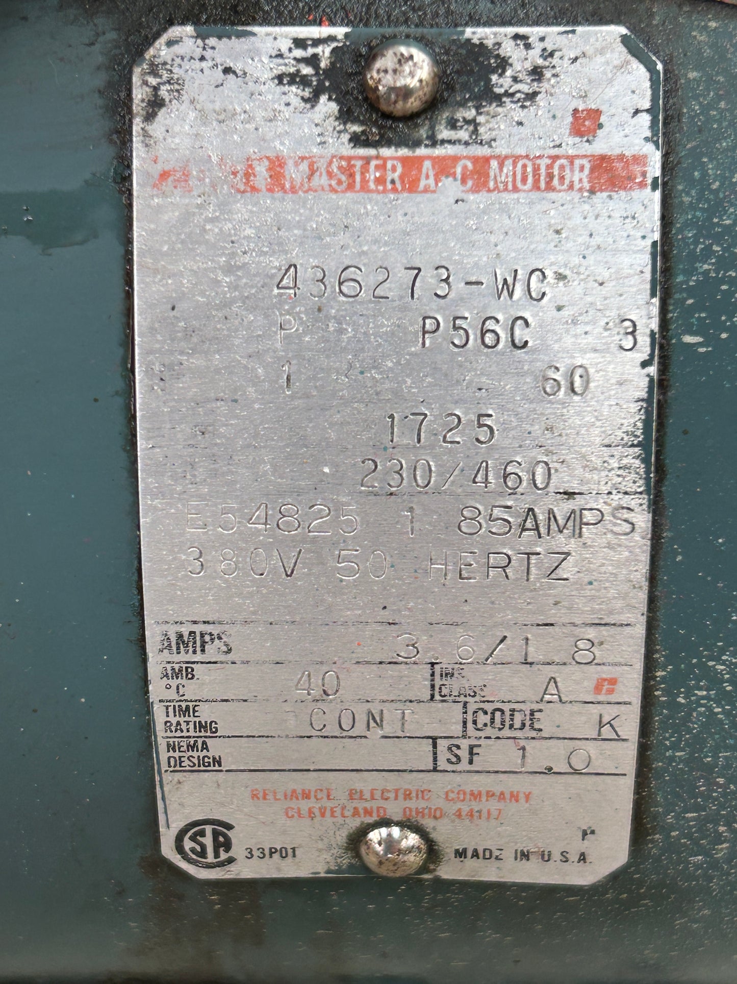 Reliance Electric AC Motor 436273-WC / P56C - 1 HP 1800 RPM