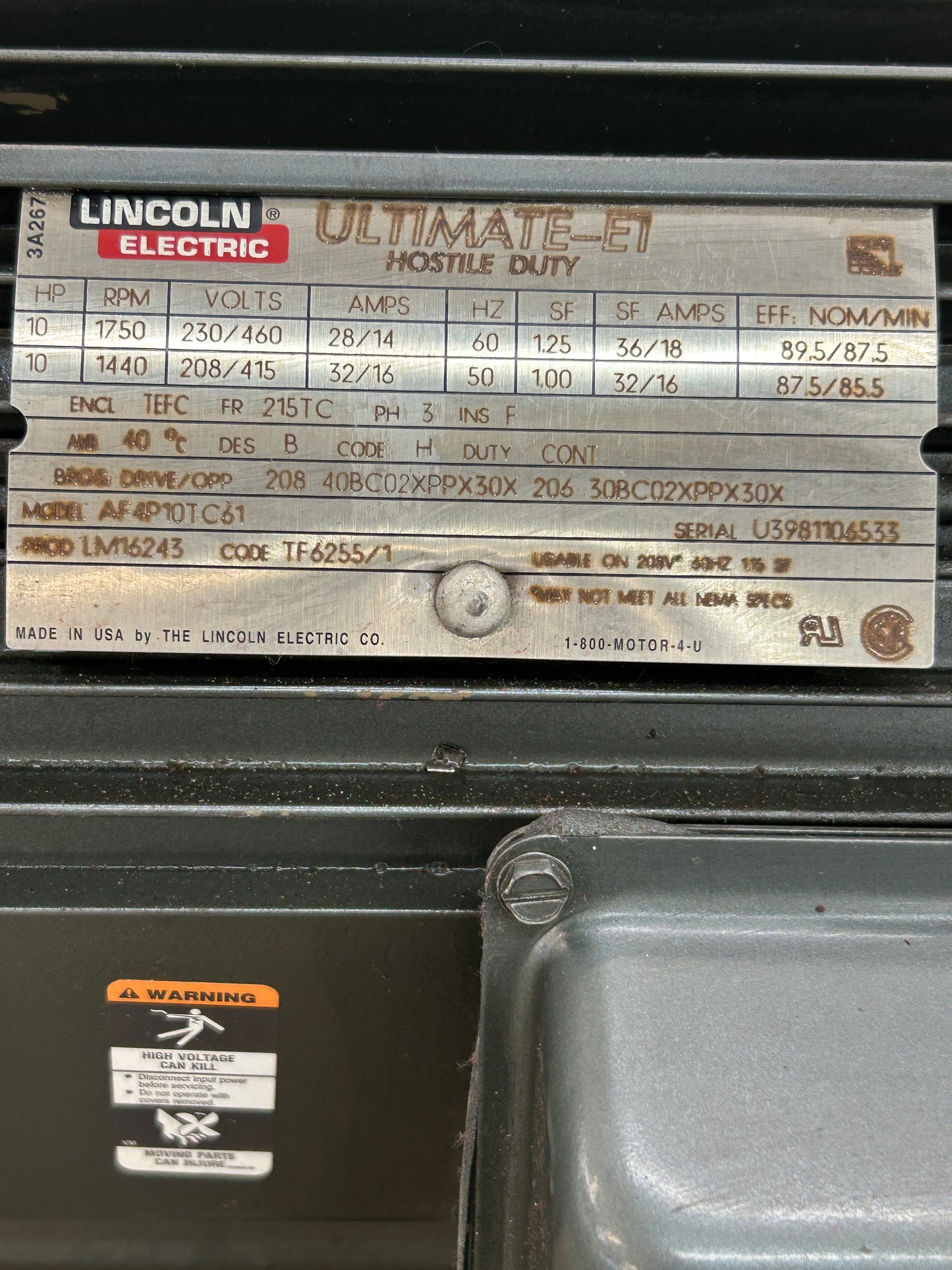 Lincoln Electric AF4P10TC61 AC Motor - 125 - 10 HP 1800 RPM