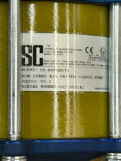 SC Hydraulic Engineering Corp Air Driven Liquid Pump 10-600BW030 55:1 pressure ratio