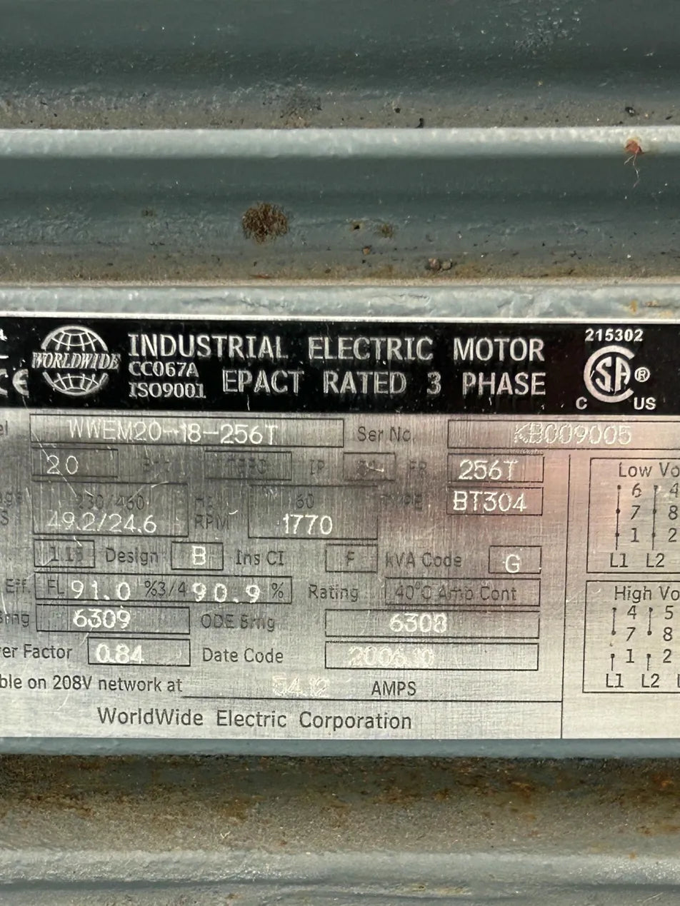 WorldWide Electric Corporation AC Motor WWEM20-18-256T - 20 HP 1800 RPM
