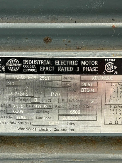 WorldWide Electric Corporation AC Motor WWEM20-18-256T - 20 HP 1800 RPM