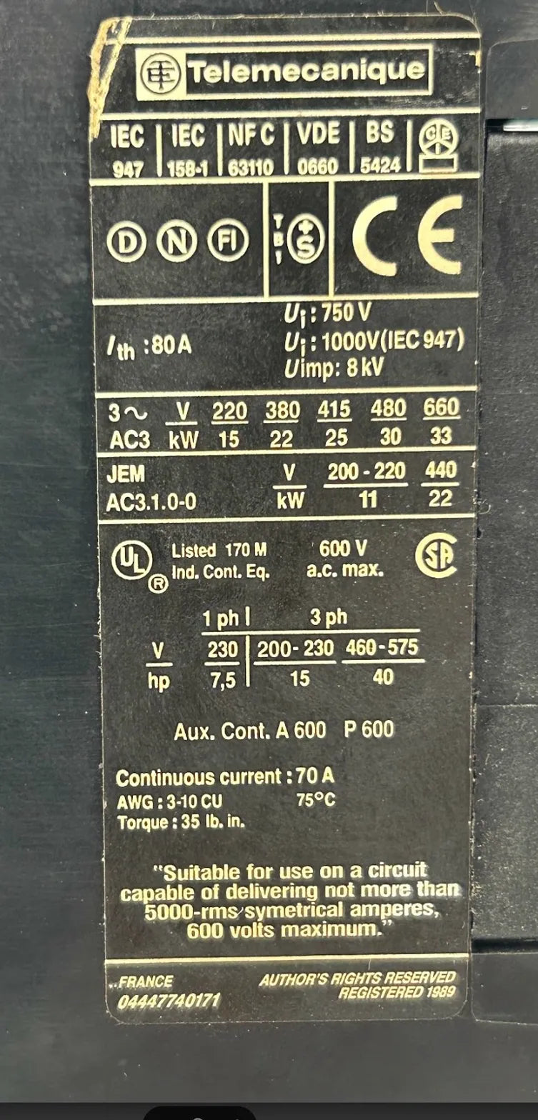 Telemecanique (Schneider Electric) Motor Starter Contactor Assembly LC1D80 / LX1D6L6 / LA1DN / LR2 D3357