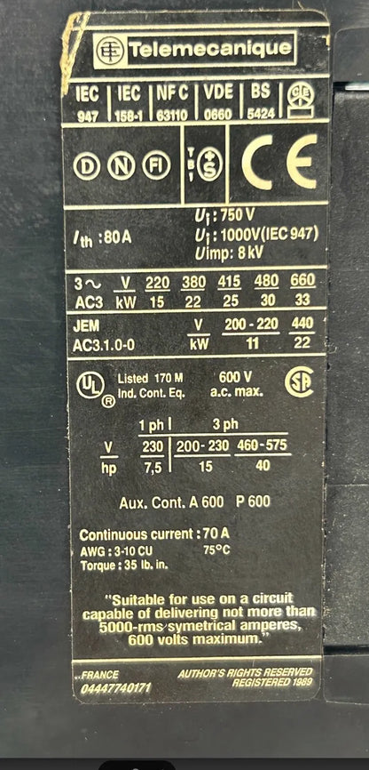 Telemecanique (Schneider Electric) Motor Starter Contactor Assembly LC1D80 / LX1D6L6 / LA1DN / LR2 D3357