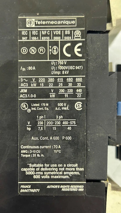 Telemecanique (Schneider Electric) Contactor LC1D5011 600V AC max