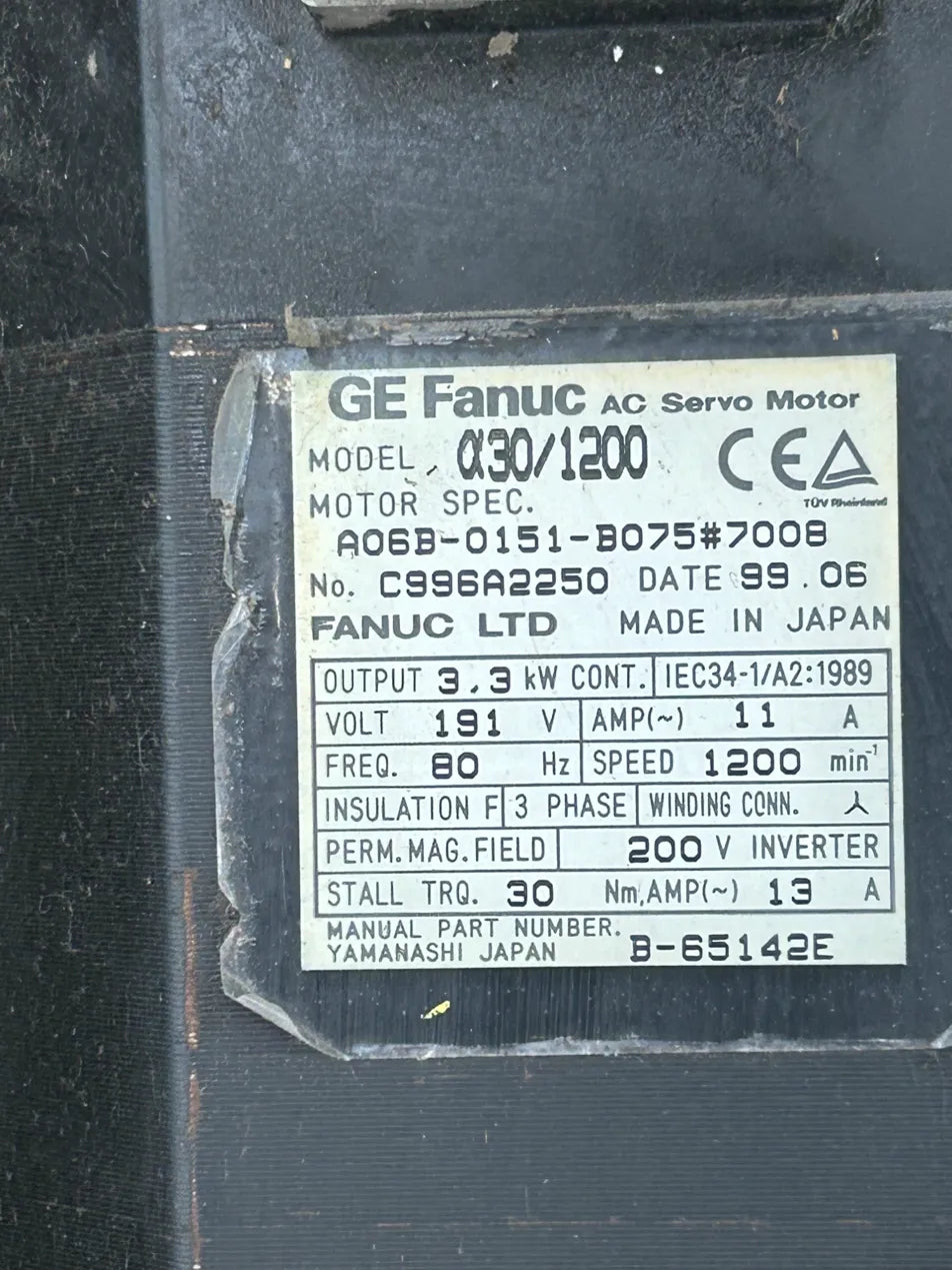 Fanuc (GE Fanuc) AC Servo Motor A06B-0151-B075#7008 - 3 kW 1200 RPM