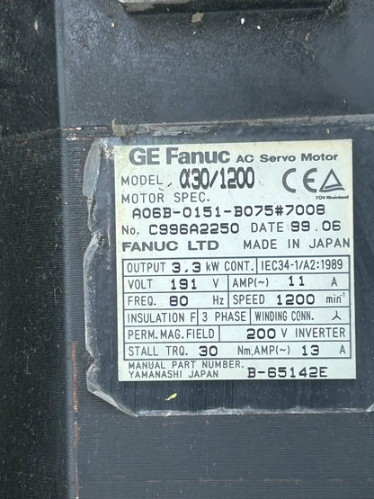 Fanuc (GE Fanuc) AC Servo Motor A06B-0151-B075#7008 - 3 kW 1200 RPM